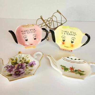Vintage Ceramic Teapot-Shaped Tea Bag Holder Set with Caddy (Set of 4)