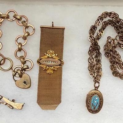 Victorian-Style Jewelry Lot – Enamel Locket, 12K Plated Bracelet, Stick Pin & Gold-Filled Watch Fob
