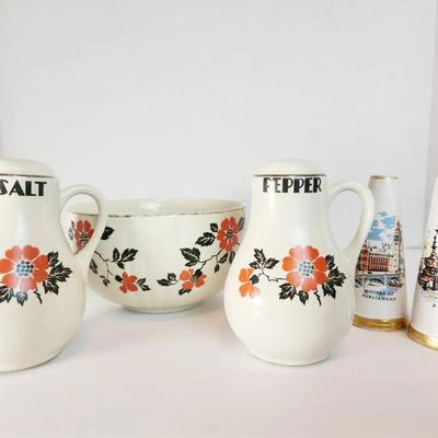 Vintage Hall China 'Red Poppy' & Novelty English Souvenir Shakers Set