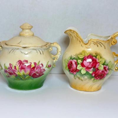Antique Austria Hand-Painted Floral Porcelain Creamer & Sugar Set – Gold Details