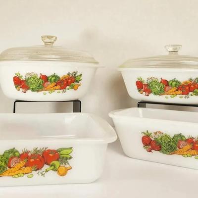  1960s-70s Glasbake "Vegetable Medley" 4-Piece Casserole Set with Lids