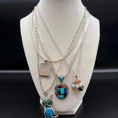 925 Sterling Silver Statement Necklace Lot – Multi-Stone & Inlay Pendants