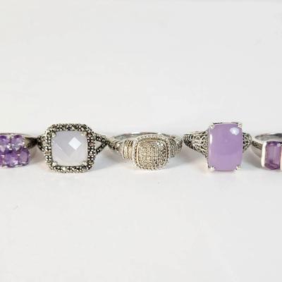 Elegant Collection of Five Purple-Hued and Marcasite Sterling Silver Rings