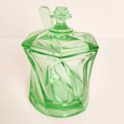 Vintage A.H. Heisey "Twist" Moongleam Green Covered Mustard Jar & Spoon