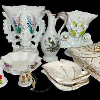 Porcelain Lot – French “Old Paris” Vases, Trinket Dishes, Bells & More