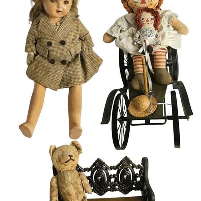 Vintage Doll Lot – Raggedy Ann Pair + Bisque Doll, Early Automobile Display Vehicle, Teddy Bear