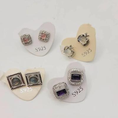 4 Pair Small Sterling Multi Gem Stud Earrings