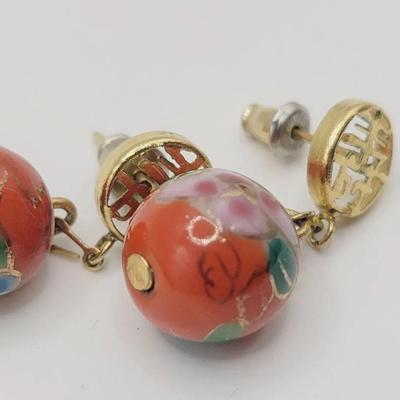 Chinese Character Enamel Earrings Gold Tone