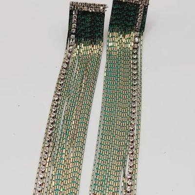 Rhinestone Chain Fringe Earrings Verdigris Finish