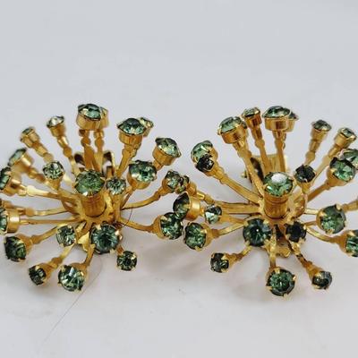 Cosmic Atomic Burst Green Rhinestone and Gold Tone Clip Earrings 
