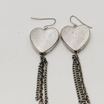 Chain Dangle Silver Tone Heart Earrings