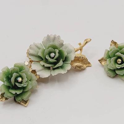 Green Resin Rose Brooch Pin And Earrings Rhinestone Detail
