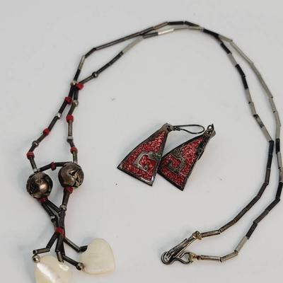 Southwest Coral and Mother of Pearl Silver Earrings and Necklace 