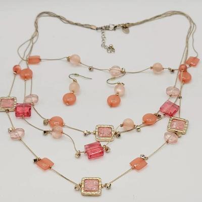 Glass And Rhinestone Pink Peach Necklace Earring Set