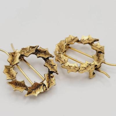 Holly Wreath Gold Tone Holiday Barrettes