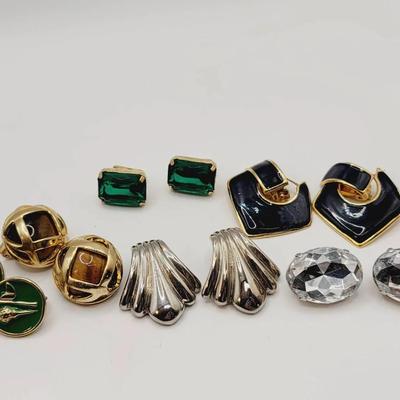 6 Pr Vintage Clip Earrings Enamel Gem & Rhinestone 