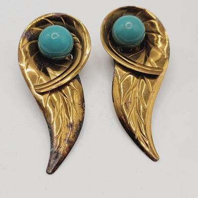 Vintage Faux Turquoise Shoe Clips Leaf Pattern