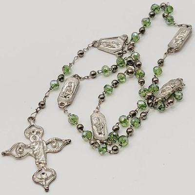Green Aurora Borealis Silver Tone Rosary