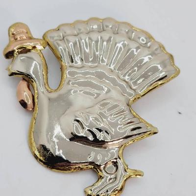 Silver Tone Brass & Copper Detail Tooled Vintage Metal Turkey Pin