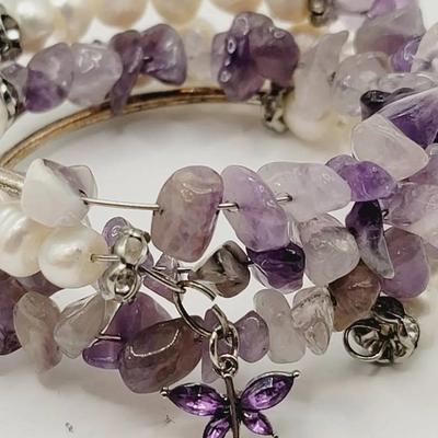 Real Pearl And Amethyst Coil Wrap Bracelet Dragon Fly Charm