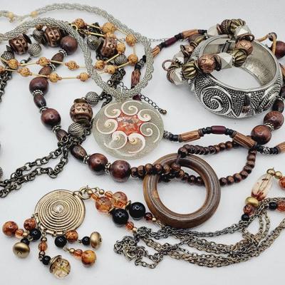 Earthy Antiqued Metal Wood Shell and Glass Jewelry Lot