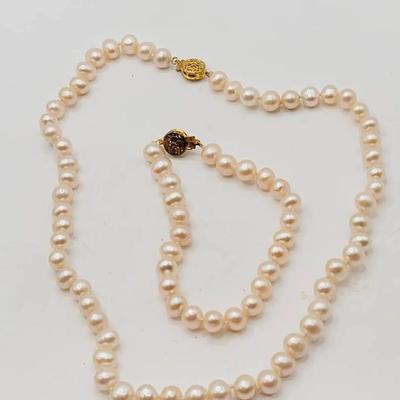 Real Pearl Peachy Pink Tone Necklace And Bracelet Matching Set 