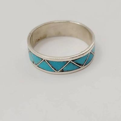 Silver Plate Turquoise Inlay Band Ring Sz 10