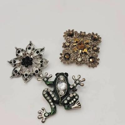 3pc Rhinestone And Enamel Brooch Pin Lot 
