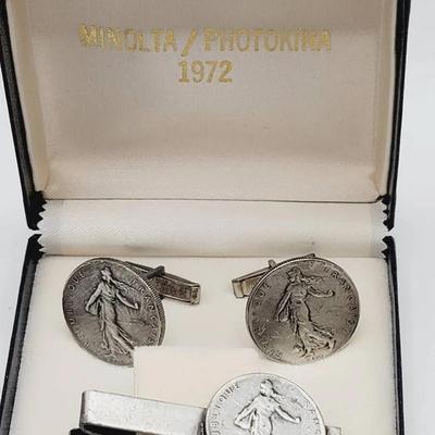 French Coin Franc Walking Woman Cuff Links And Tie Clip Set