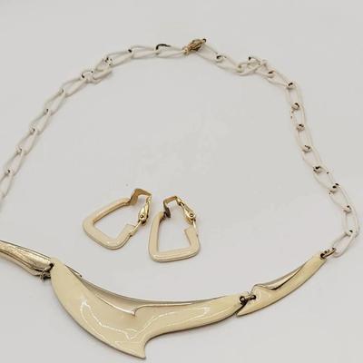 Cream Enamel Necklace And Earrings Vintage Set