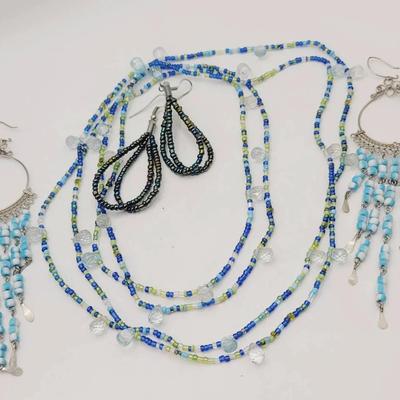 Boho Blue Beaded Jewelry Lot Necklace Earrings