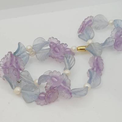 Lilac and Blue Necklace with Molded Plastic Floral Vintage 