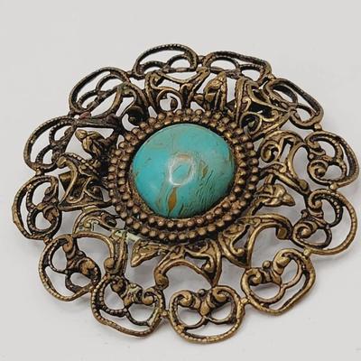Victorian Style Faux Turquoise Filigree Pin Brooch