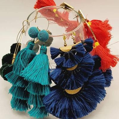 4pc Tasseled Earring Collection Blue Green Red & Teal