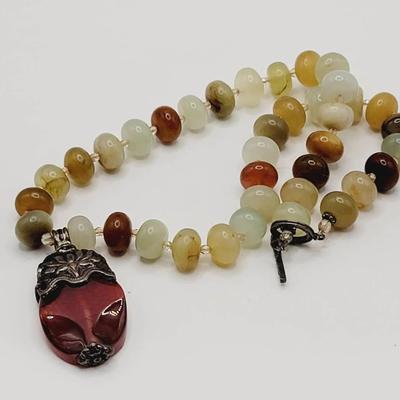 Tibetan Silver Mixed Tone Jade Jasper Stone Bead Necklace 