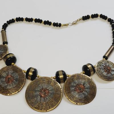 Horn and Woven Brass Copper Tri Tone Metal Necklace 