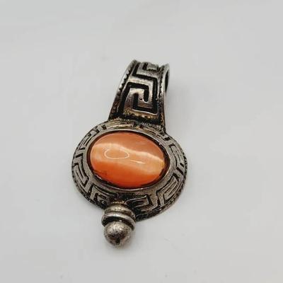 Sterling Silver Greek Key Orange Cats Eye Pendant 