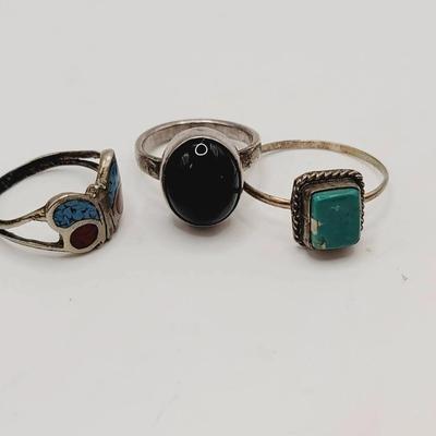 3pc Sterling Southwest Style Rings Onyx Turquoise Coral