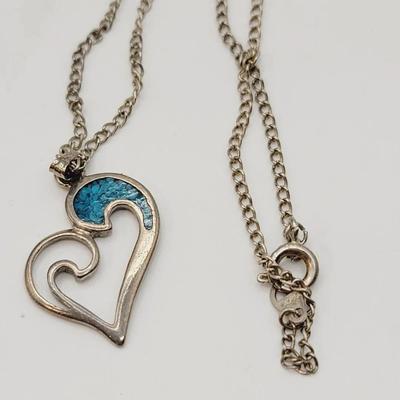 Signed Turquoise Chip Silver Tone Necklace 