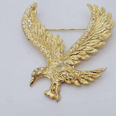 Aurora Rhinestone Gold Tone Flying Eagle Pin Brooch
