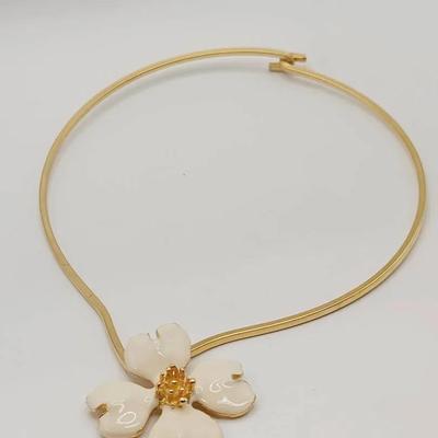 Enamel Dogwood Flower Pendant Necklace Gold Tone
