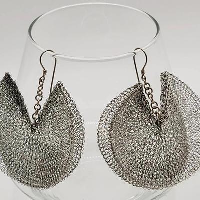 Artisan Knit Metal Chainmail Style Earrings Lotus Lily 