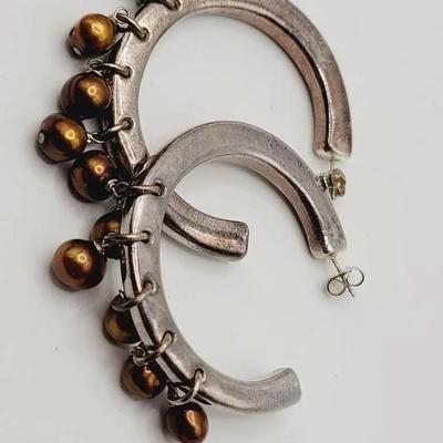 Large Sterling Pearl 3/4 Hoop Earrings 925 Silver