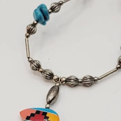 Zuni Style Bear Fetish Necklace Silver Tone And Turquoise Chip