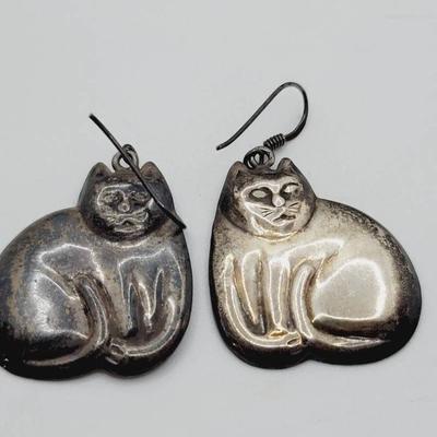 Sterling Cat Earrings French Wire Laurel Burch Style