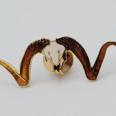 Enamel Long Horn Sheep Ram Skull Pin 