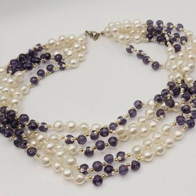 Faux Amethyst Pearl Multistrand Necklace 
