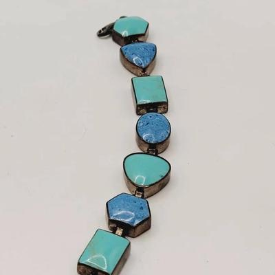 Multi Colored Turquoise and Sterling Bracelet with Geometric Links