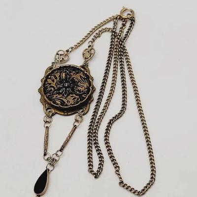 Enameled And Etched Antique Necklace Black And Gold Plate 