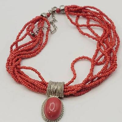 Southwest Faux Coral Beaded Necklace 